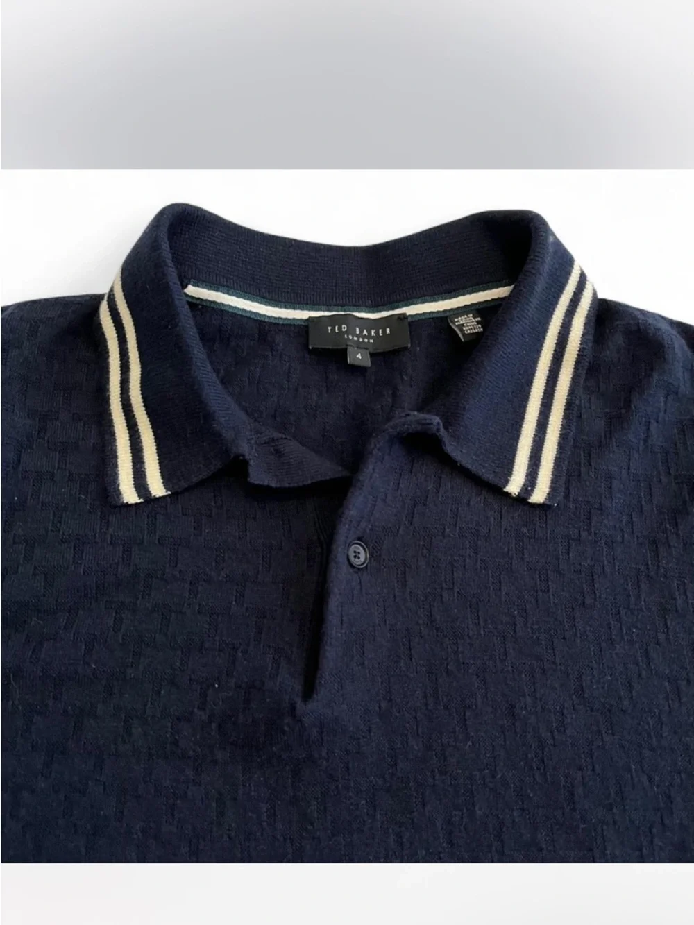 TED BAKER Short Sleeve Textured Knit Polo Shirt Men’s Size 4 Navy‎